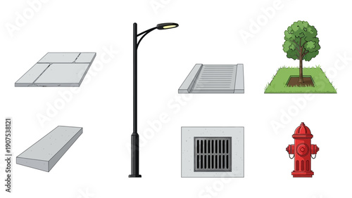 Urban infrastructure elements including streetlight, manhole, tree, hydrant, and ventilation on white