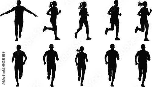 Running people silhouettes set showing men and women jogging in different poses, active fitness lifestyle characters isolated on white background for sport, health, and training concepts