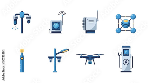 Various technological devices and machinery in a clean and minimalist environment viewed from a straightforward perspective