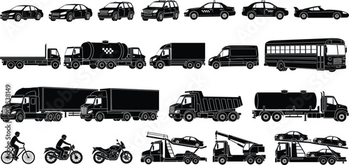 Black Vector Vehicle Silhouette Set Featuring Cars Trucks Buses Motorcycles and Specialized Transport Icons Isolated on White Background for Transportation and Logistics Graphic DesignBlack 