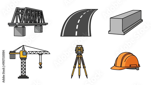 Construction site elements including crane, surveyor equipment, and safety hard hat illustrated in flat design
