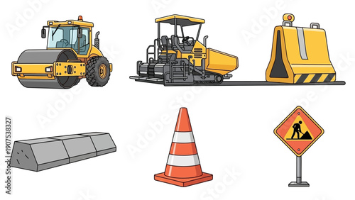 Roadwork scene with construction equipment and safety signs viewed from above
