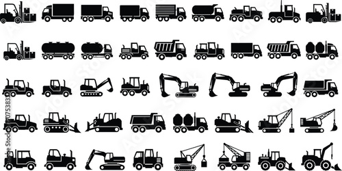 Large Black Silhouette Icon Set Featuring Construction Vehicles Heavy Machinery Excavators Bulldozers Trucks Cranes Forklifts and Industrial Equipment for Logistics Engineering and Building Projects