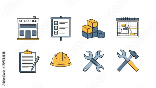 Construction site office and tools illustration viewed from above with various equipment and supplies
