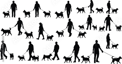 Set of dog walker silhouettes with people walking dogs on leash, isolated black vector collection for pet care, animal walking, urban lifestyle and outdoor activity concepts