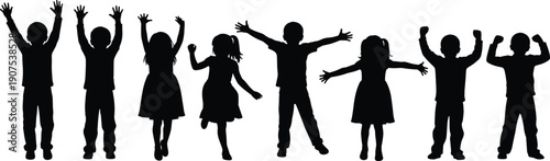 Set of happy children silhouettes jumping and cheering with raised arms, black isolated kid figures showing playful energy, childhood joy, celebration poses for design projects