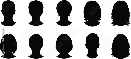 Set of human head silhouettes showing male and female profiles with different hairstyles, black vector avatar icons collection isolated on white background