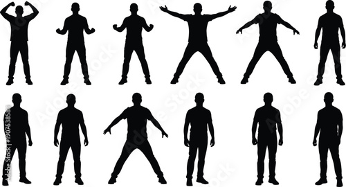 Set of male fitness silhouettes showing different standing and exercise poses, strong athletic body shapes isolated on white background for sports, gym, and health concepts