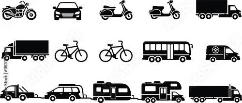Transportation vehicle silhouette icon set featuring car, motorcycle, scooter, bicycle, bus, truck, van, camper, and delivery transport symbols for mobility and logistics design
