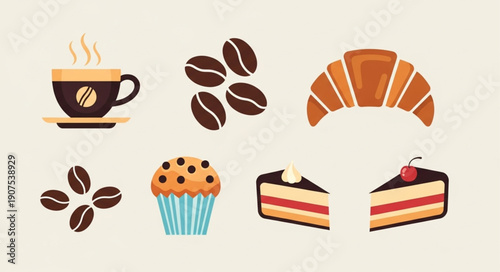 Delicious baked goods and hot coffee illustration.