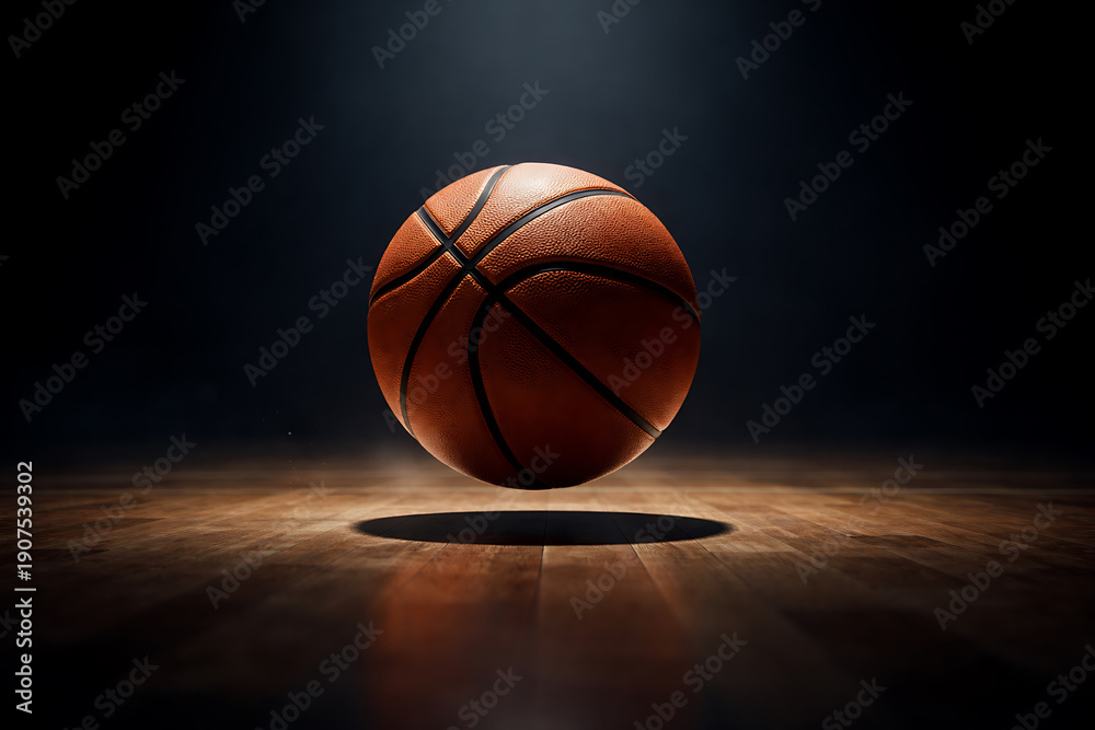 Obraz premium Floating basketball under dramatic spotlight on wooden court