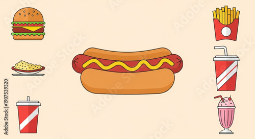 Delicious Fast Food Collection With Hot Dog Burger Fries Drinks.