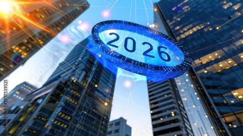 Wallpaper Mural Futuristic Digital Clock Display Showing Year 2026 Surrounded by Modern Skyscrapers at Night Torontodigital.ca