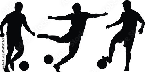 Soccer player silhouettes, football athletes kicking ball, sports action poses, professional players training, game competition, male athlete striker, goal