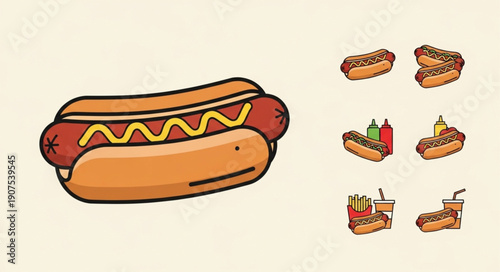 Delicious Hot Dog with Mustard and Various Toppings.