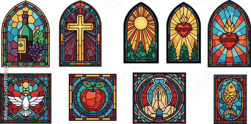 Stained glass vector illustrations with religious symbols, colorful spiritual artwork featuring Christian icons, decorative church windows for creative design projects