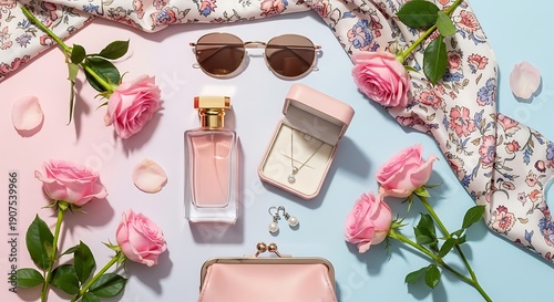 Luxurious beauty and fashion accessories are elegantly arranged on a pastel background. © Les