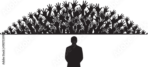Silhouette of a man looking at raised hands crowd