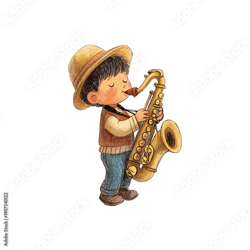 kid playing saxophone hand drawn vector illustration