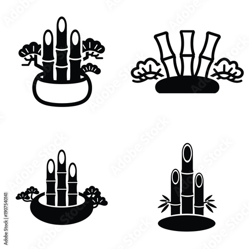 Traditional Japanese New Year Kadomatsu bamboo and pine decoration vector icon set.