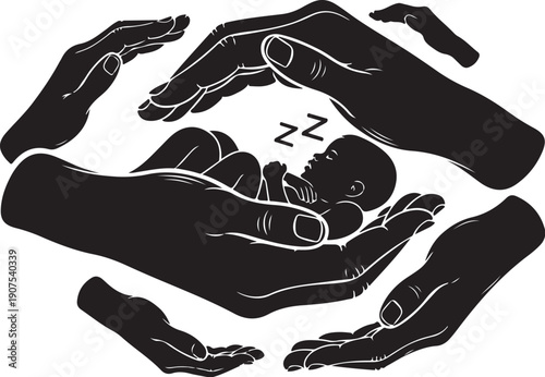 Baby Sleeping Safely in Multiple Protective Hands Illustration