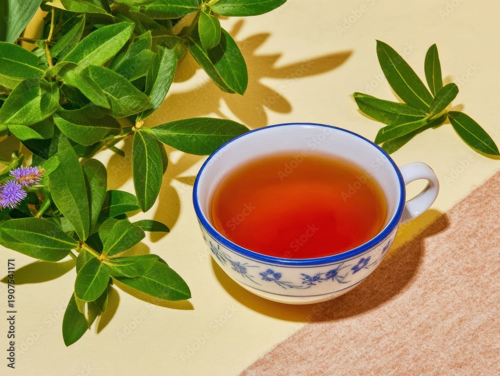 custom made wallpaper toronto digitalHerbal tea cup on beige background with fresh green leaves and bright shadows for wellness blog or health advertisement, clean minimal flat lay composition