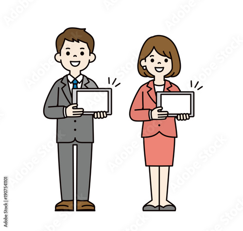 タブレットの画面を見せて説明する若い男女のビジネスパーソンの全身ベクターイラスト素材セット