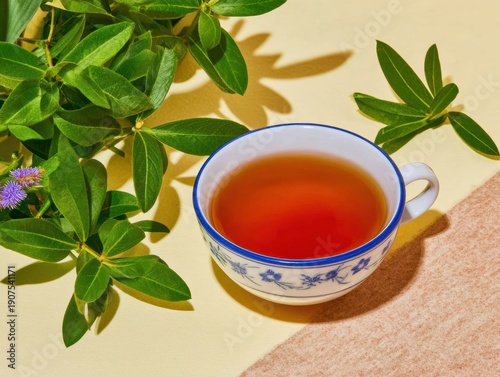 Wallpaper Mural Herbal tea cup on beige background with fresh green leaves and bright shadows for wellness blog or health advertisement, clean minimal flat lay composition Torontodigital.ca