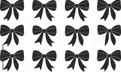Black bow ribbon silhouettes vector set featuring decorative gift wrapping elements festive wedding fashion craft icons isolated design