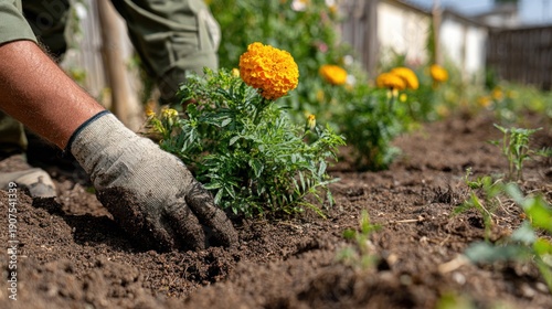 Wallpaper Mural Gardener Planting Bright Orange Marigold Flower in Garden Bed Torontodigital.ca