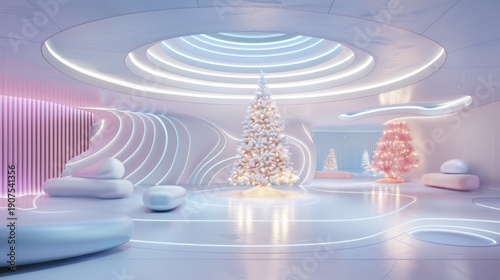 Wallpaper Mural Futuristic White Lounge with Pink and Blue Christmas Trees Elegant Modern Interior Design Torontodigital.ca