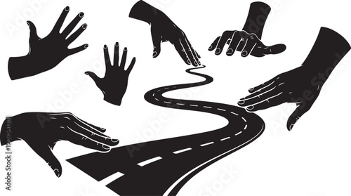 Hands Reaching Out to Guide a Winding Road Together