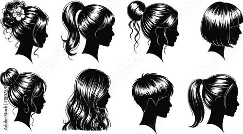 Set of female hairstyle silhouettes vector collection featuring buns ponytails bob cuts waves profiles beauty salon fashion design isolated icons
