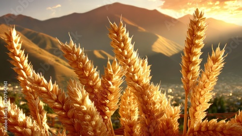 Wallpaper Mural Golden Wheat Field During Sunset with Mountain Background Torontodigital.ca