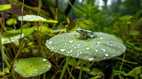 Wallpaper Mural Green Frog Sitting on Water Lily Leaf in Rainy Pond Scene Torontodigital.ca