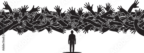 Man standing alone facing many reaching hands in darkness