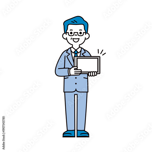 タブレットを持って商談するスーツを着たシニア世代のビジネスマンの全身ベクターイラスト素材