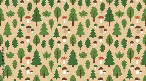 Seamless forest pattern with trees, leaves, and mushrooms in a flat vector style. Perfect for wallpapers, textile design, wrapping paper, and nature-themed backgrounds.