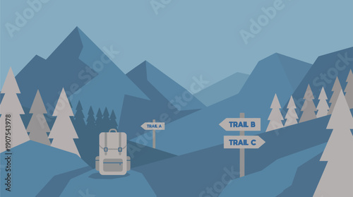 Flat vector illustration of a hiking trail with direction signs, backpack, mountains, and pine forest. Ideal for outdoor adventure, trekking, and travel concepts.