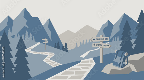Flat vector illustration of a hiking trail with direction signs, backpack, mountains, and pine forest. Ideal for outdoor adventure, trekking, and travel concepts.