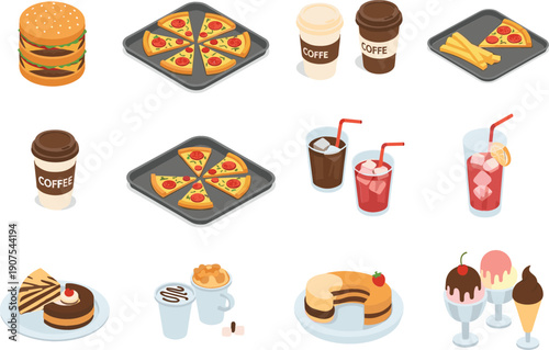 Isometric vector icon set of various food and drink items including burgers, pizza, coffee, sodas, and desserts