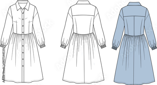Fashion Flat Technical Drawing Vector of a Long Sleeve Midi Shirt Dress with Front Buttons and Gathered Waist in Front Back and Color Views