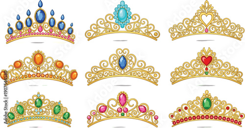 Elegant Set of Gold Tiara and Crown Illustrations Featuring Colorful Gemstones Diamond Rubies and Sapphires Isolated on White Background for Royal Princess Design