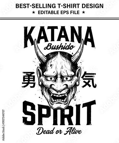 Japanese  t-shirt design hannya mask with horns and text katana spirit dead or alive on transparent background