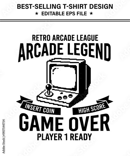 Retro arcade design with vintage pixel art game console a t-shirt design nd nostalgic text elements for gaming enthusiasts and nostalgic retro game lovers