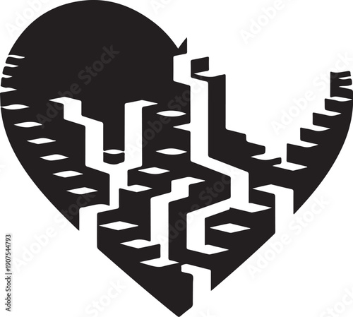 Black and white heart maze illustration with cityscape design