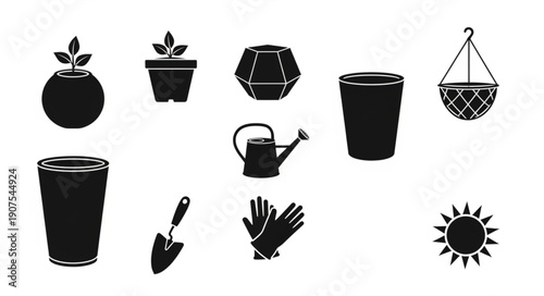 Gardening Tools and Supplies Silhouette Icons.