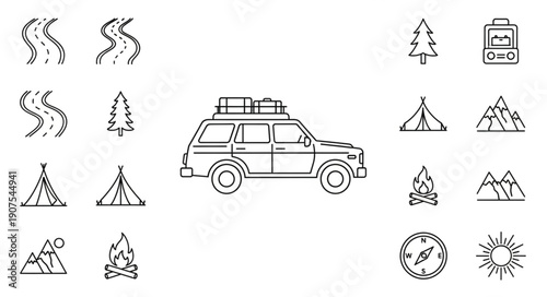 Hand drawn camping icons and adventure vehicle illustration.