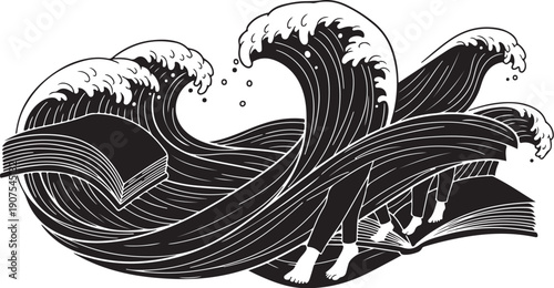 Stylized Black and White Illustration of Ocean Waves Crashing