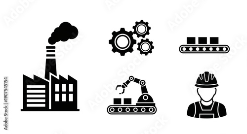Industrial icons set factory robot conveyor belt gears worker.
